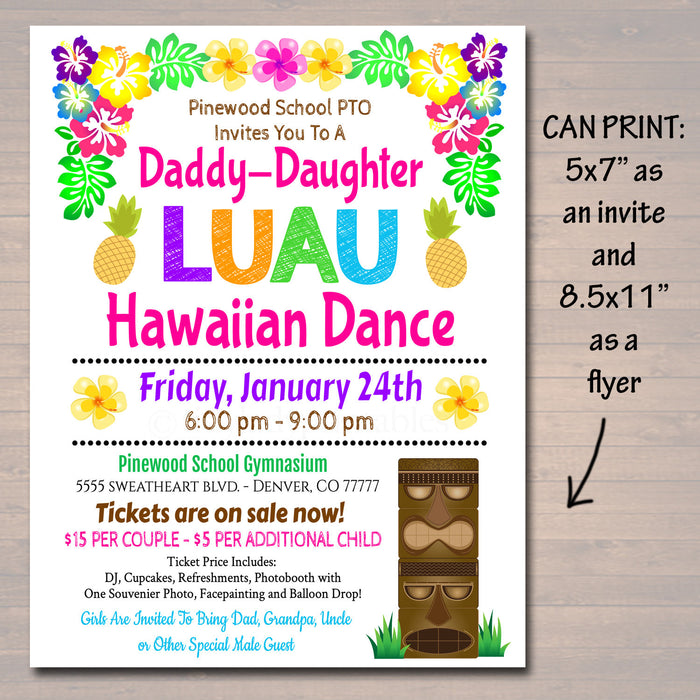 Daddy Daughter Dance School Dance Flyer Party Invitation Hawaiian Luau Event Church Community Event, pto, pta,