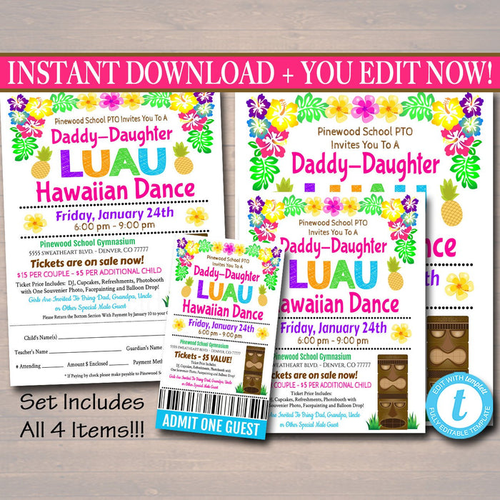 Daddy Daughter Dance Set School Dance Flyer Party Invitation Hawaiian Luau Event Church Community Event, pto, pta,