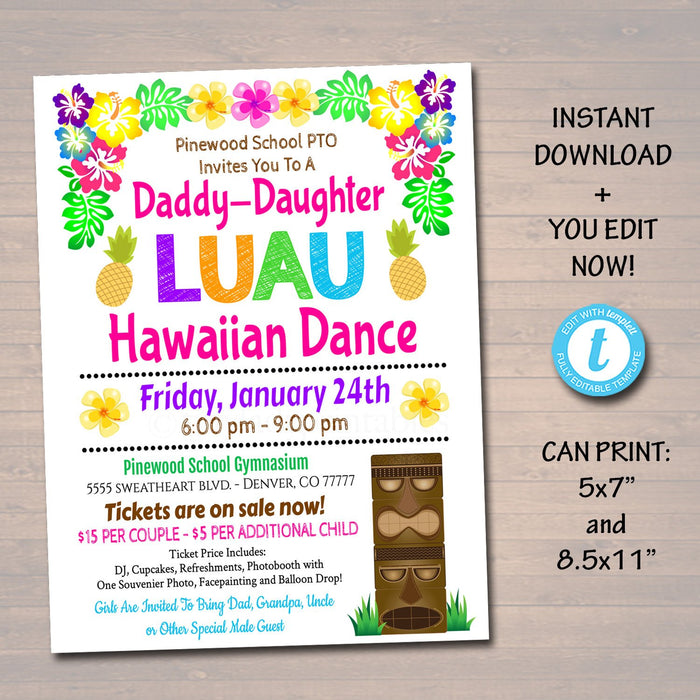 Daddy Daughter Dance School Dance Flyer Party Invitation Hawaiian Luau Event Church Community Event, pto, pta,