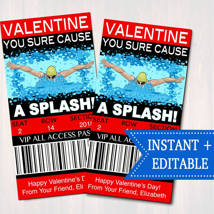 EDITABLE Swimmer Ticket Valentine's Day Cards, INSTANT DOWNLOAD, Printable Kids Valentine, Swimming Classroom Valentine, You Cause A Splash!