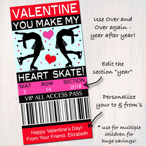 EDITABLE Ice Skating Ticket Valentine's Day Cards, INSTANT DOWNLOAD, Printable Kids Valentine, Girl Classroom Valentine, Make My Heart Skate