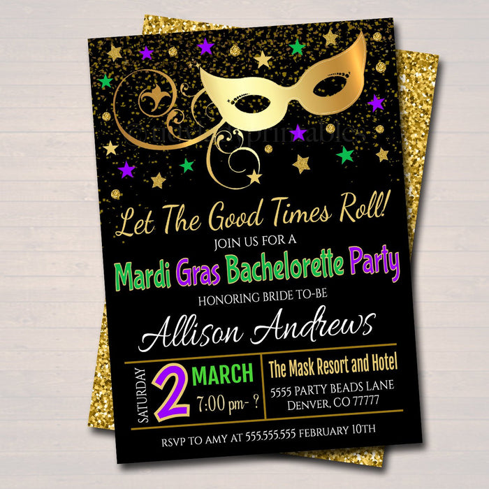 Mardi Gras Bachelorette Party Invitation, Glitter Green Purple Gold Invite, Let the Good Times Roll New Orleans,