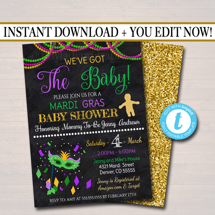 Mardi Gras Baby Shower Party Invitation, We've Got the Baby Sprinkle, Gold Purple Green, King Cake, New Orleans