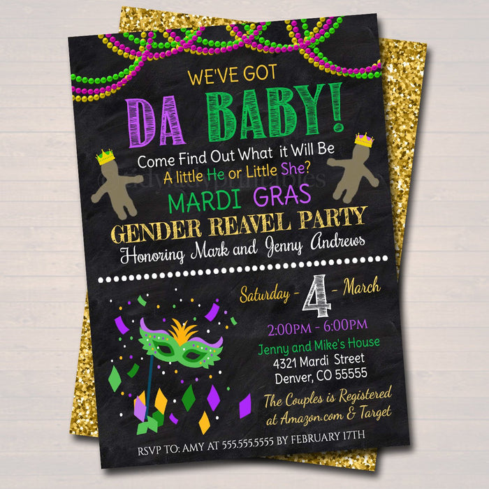 Mardi Gras Gender Reveal Party Invitation, Green Purple Gold Invite Baby Shower Sprinkle King or Queen New Orleans