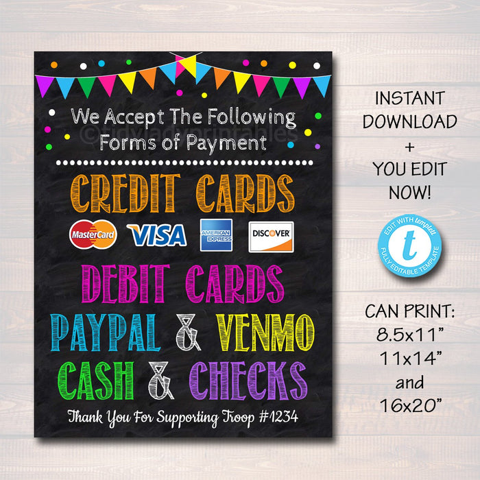 Credit Card Sign, Fundraising Booth, Bake Sale, Cookie Booth Sign We Accept Credit Cards Scouts Cookie Banner, Cookie Booth Poster