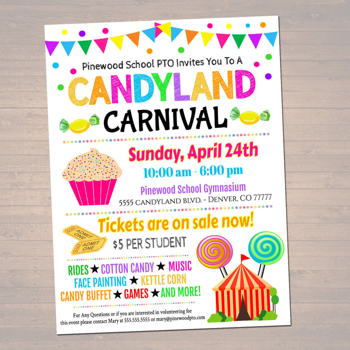 Candyland Themed Carnival Event Flyer - School Church Benefit Fundraiser Event Poster - DIY Editable Template