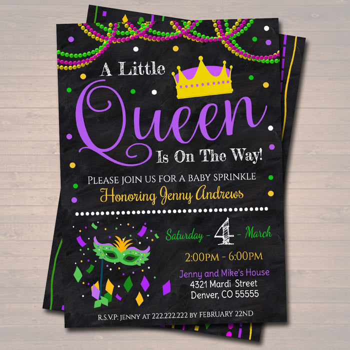 Mardi Gras Girl Baby Shower Party Invitation "We've Got the Baby Sprinkle, A Little Queen is On Her Way"