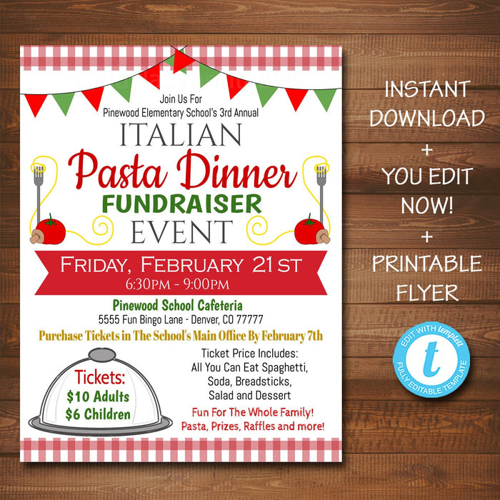 Spaghetti Dinner Fundraiser Flyer - Italian Pasta Dinner Benefit - DIY Editable Template