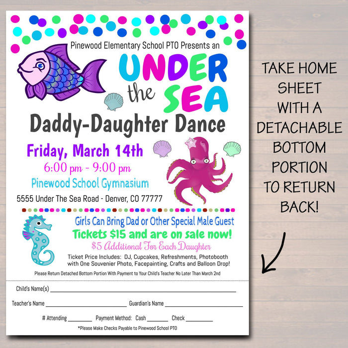 Daddy Daughter Under The Sea Themed Dance, School Mermaid Dance Flyer Party Invite Church Community Event pto pta,
