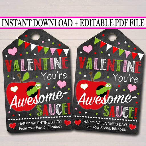 EDITABLE Apple Sauce Valentine's Day Gift Tags, Kids Friend Classroom Fruit Printable, Valentine You're Awesome Sauce Label INSTANT DOWNLOAD