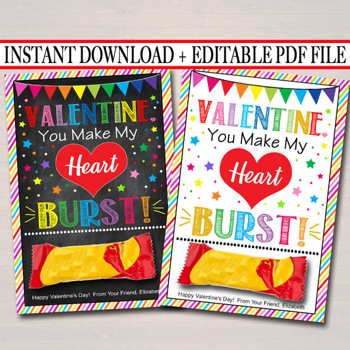 EDITABLE You Make My Heart Burst Valentine's Day Cards, INSTANT DOWNLOAD, Printable Kids Classroom Valentine, Candy Starburst Digital Tags