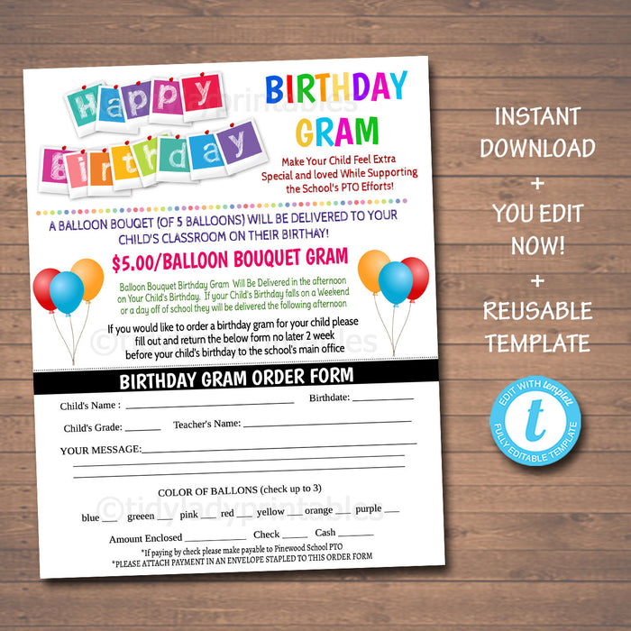 Birthday Gram Flyer, School Fundraiser Printable Template