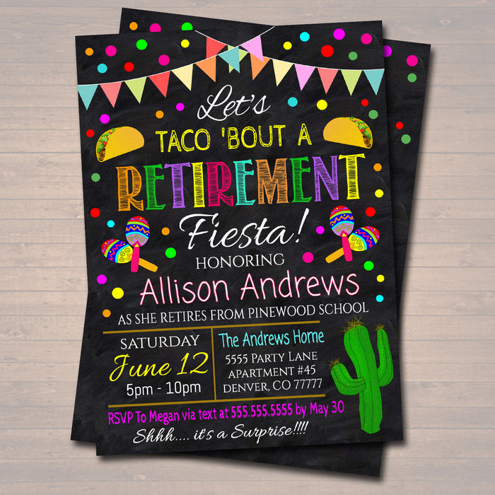 Fiesta Retirement Invitation, Chalkboard Printable Teacher Retirement Taco Nacho Invite, Nurse Mexican Fiesta,