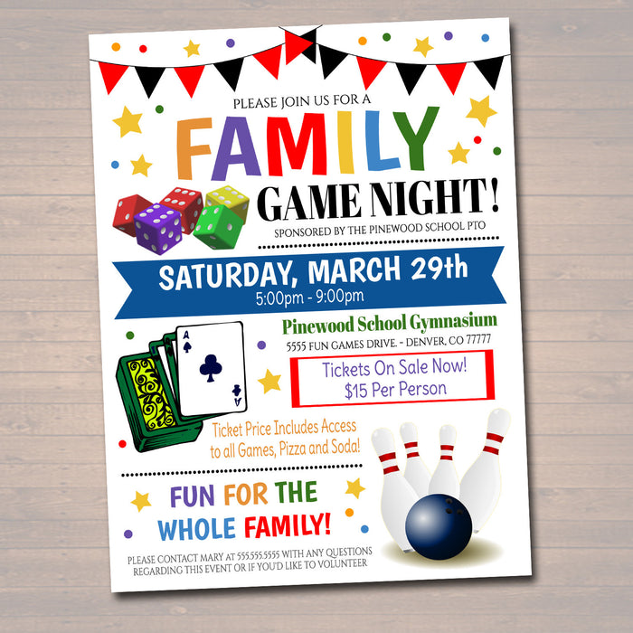 Family Game Night Flyer - School Church Benefit Fundraiser Event Poster - DIY Editable Template