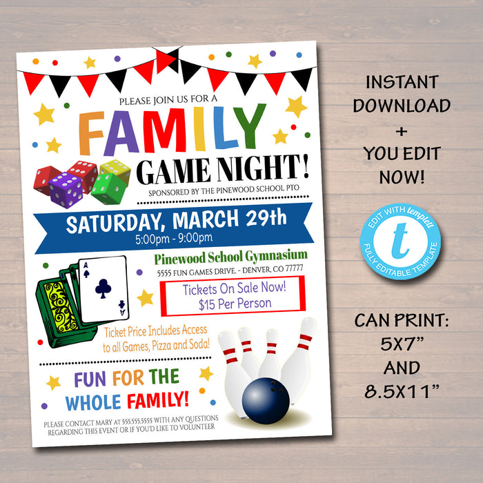 Family Game Night Flyer - School Church Benefit Fundraiser Event Poster - DIY Editable Template
