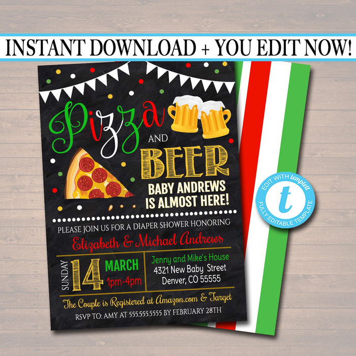 Editable Pizza and Beer Baby Shower Invitation Chalkboard Printable Baby Sprinkle Italian Theme Couples Shower Party Invite INSTANT DOWNLOAD