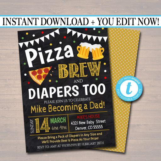 Editable Pizza and Beer Baby Shower Invitation Chalkboard Printable Baby Sprinkle Italian Theme Couples Shower Party Invite INSTANT DOWNLOAD