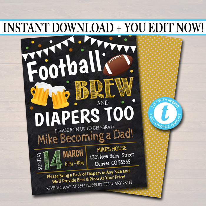 Football and Beer Baby Shower Invitation Chalkboard Printable Baby Sprinkle, Big Game Couples Shower Party Invite