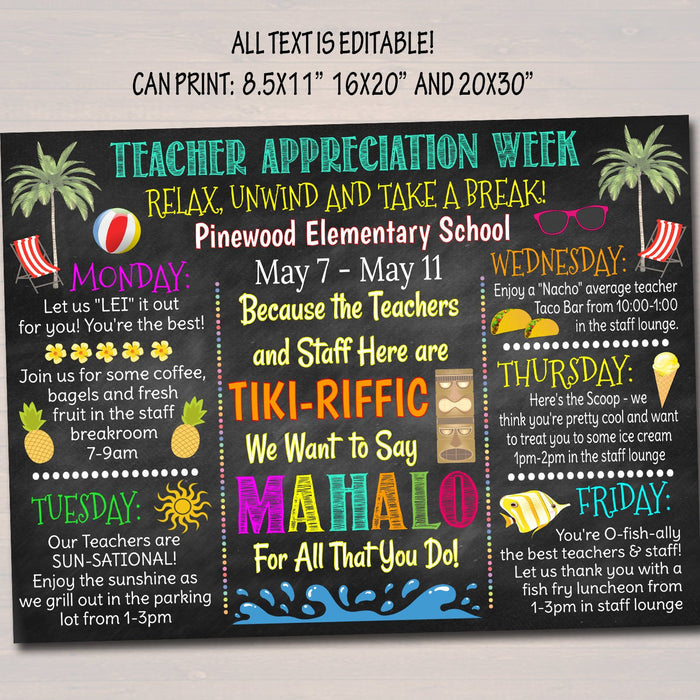 EDITABLE Beach Themed Teacher Appreciation Week Itinerary Poster Hawaiian Theme Appreciation Week Schedule Events INSTANT DOWNLOAD Printable