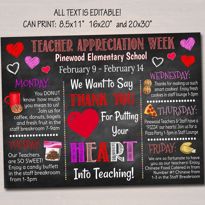 Valentine's Day Teacher Appreciation Week Itinerary Poster Heart Theme Appreciation Week Schedule Events  Printable