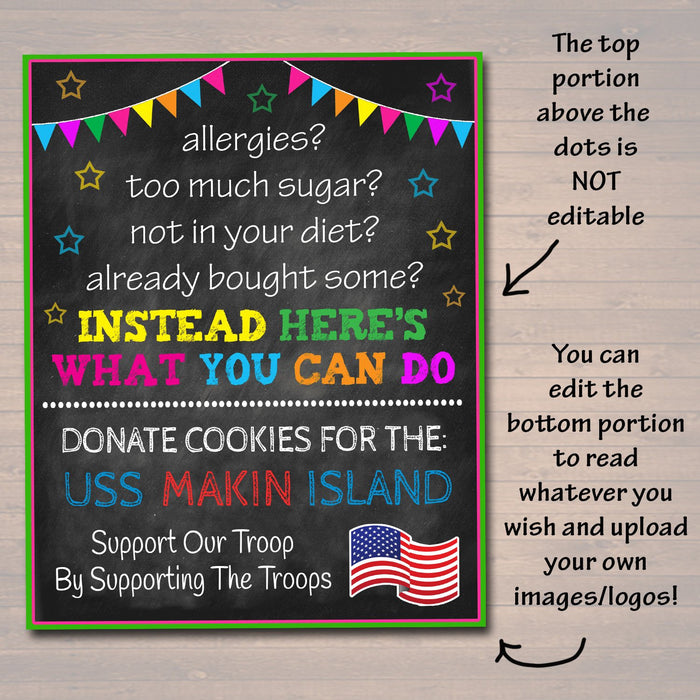 Fundraiser Cookie Booth Sign, If You Can't Eat Em' Treat Em, Donate Cookies For Military Troops Custom Cookie Drop