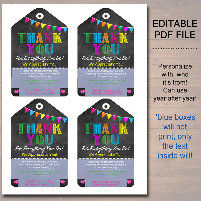 EDITABLE Thank You Tags, Teacher Appreciation Thank You Note, INSTANT DOWNLOAD Printable Chalkboard Tags, Volunteer Staff Thank You Cards