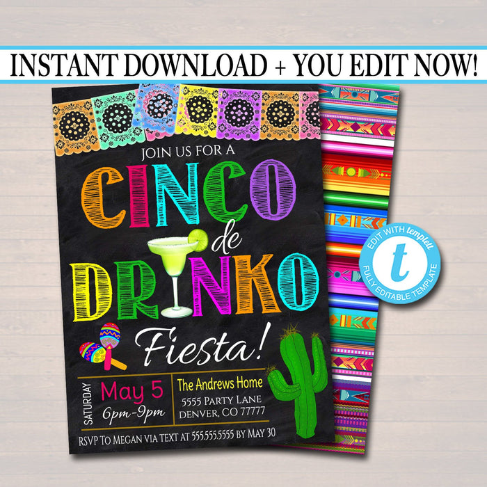 Cinco De Drinko Fiesta Invitation Chalkboard Printable Adult Birthday Party, Mexican Cinco De Mayo Party Invite,