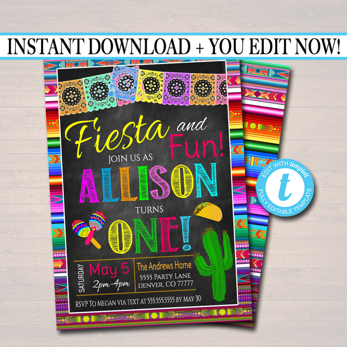 Editable Fiesta and Fun First Birthday Invitation, Chalkboard Printable Kid's First Birthday Party, Cinco De Mayo Birthday, INSTANT DOWNLOAD