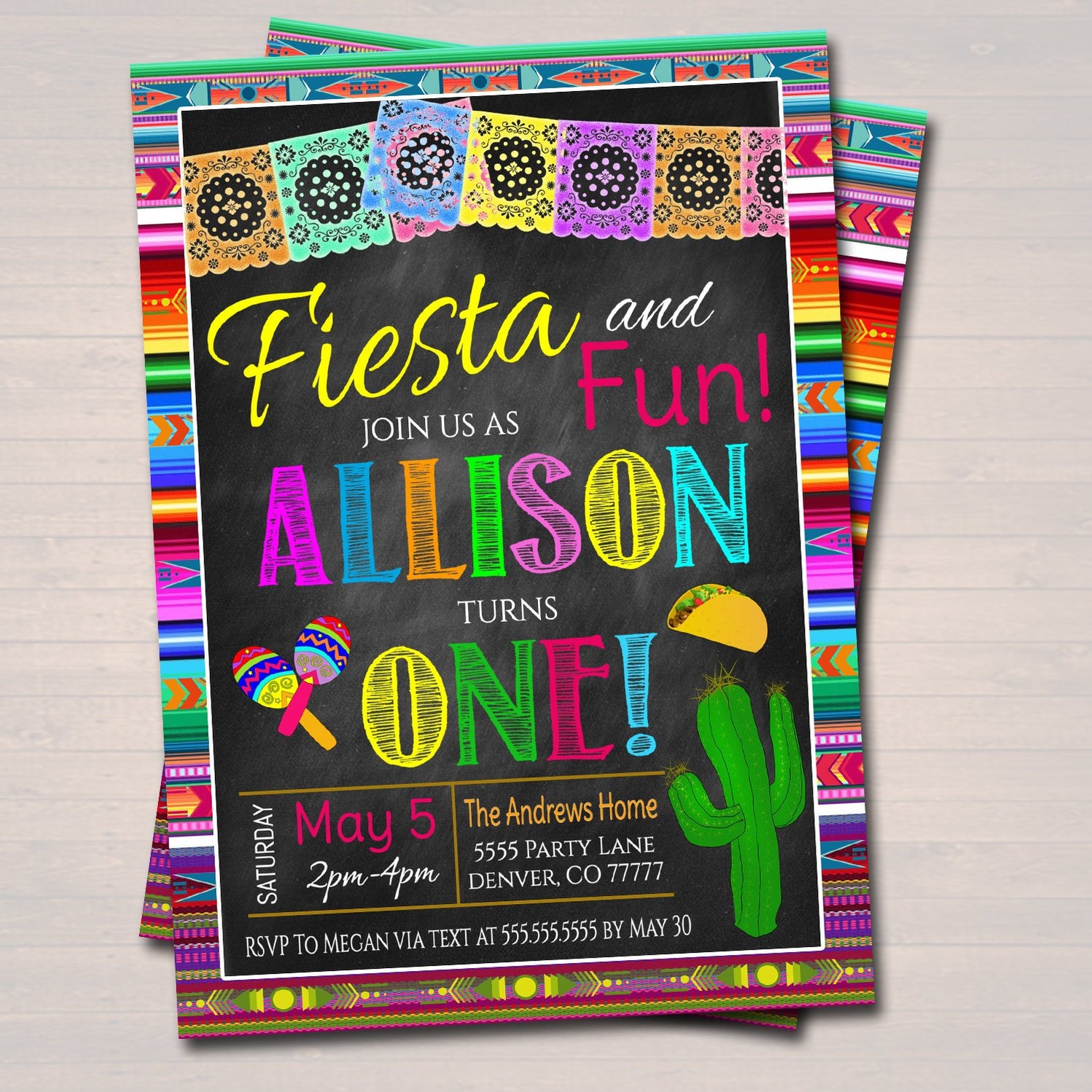 Fiesta and Fun First Birthday Invitation, Chalkboard Printable Kid's F ...