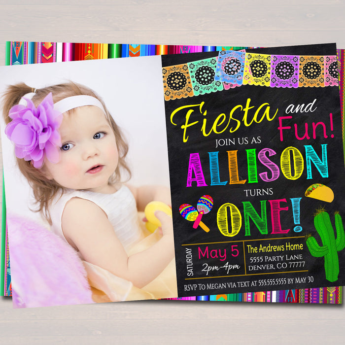 Editable Fiesta and Fun First Birthday Invitation, Chalkboard Printable Kid's First Birthday Party, Cinco De Mayo Birthday, INSTANT DOWNLOAD