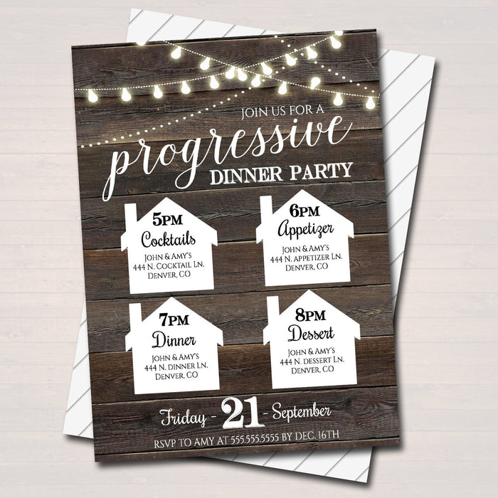 Progressive Dinner Party Invitation, Neighborhood Potluck Party Invite, Rustic Wood Printable, House Round Robin,
