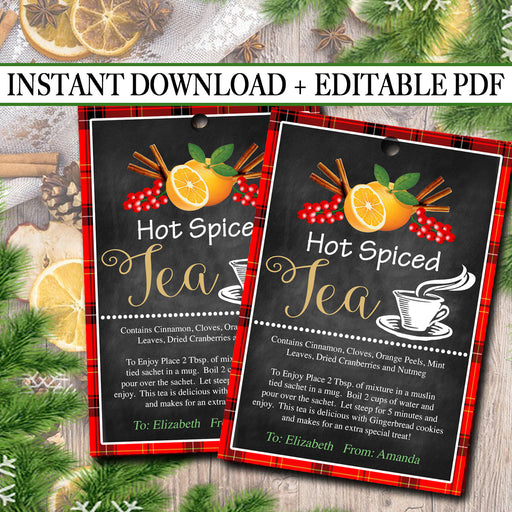 EDITABLE Hot Spiced Tea Christmas Gift Tags, Secret Santa, Office Staff Teacher Gift Holiday Printable, White Elephant INSTANT DOWNLOAD