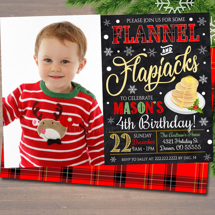 Flannel and Flapjacks Birthday Invite, Pancakes and Pajamas Xmas Party Invitation, Christmas Holiday Brunch  Plaid Invite
