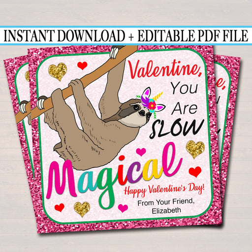EDITABLE Sloth Unicorn Valentine's Day Cards, INSTANT DOWNLOAD, Printable Kids Tween Valentine, Classroom Valentines, Girl Magical Glitter