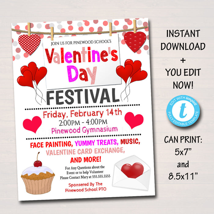 Valentine's Day Festival School Flyer, Valentine Party Invite School Church Community Event Card Exchange, pto pta