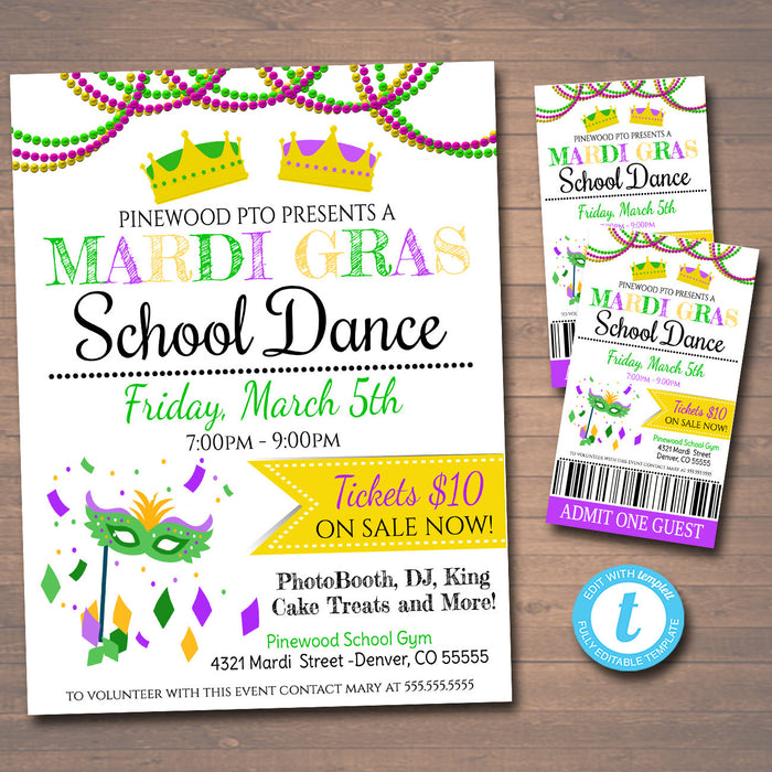Mardi Gras Dance Set School Dance Flyer Party Invite, Church Community Event, King Queen Prom Dance, pto pta,