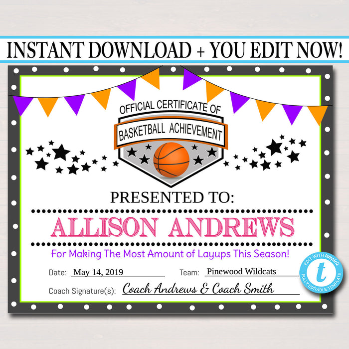 EDITABLE Basketball Certificates, INSTANT DOWNLOAD Basketball Team Awards, Basketball Party Printable, Printable Sports Certificate Awards