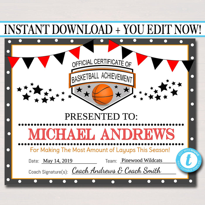 EDITABLE Basketball Certificates, INSTANT DOWNLOAD Basketball Team Awards, Basketball Party Printable, Printable Sports Certificate Awards