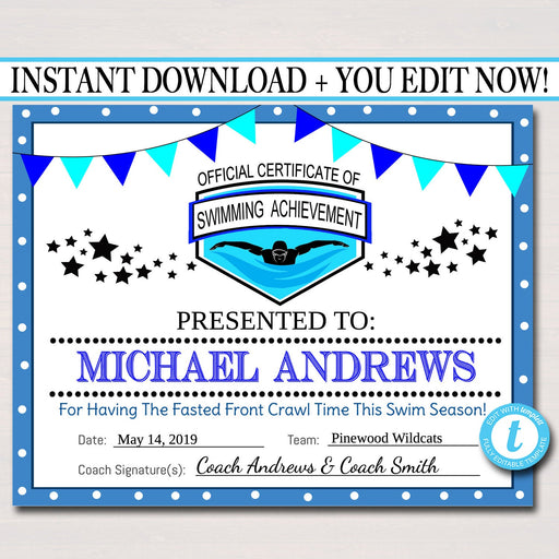 EDITABLE Swim Team Award Certificates, INSTANT DOWNLOAD, Swimming Awards, Swimmer Party Printable, Printable Award Sports Swim Certificates