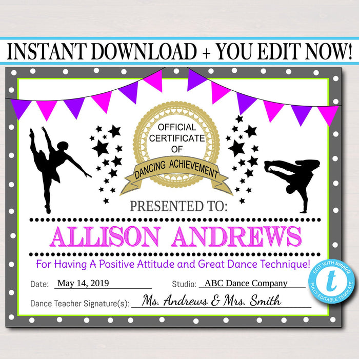 EDITABLE Dancer Certificate INSTANT DOWNLOAD, Dancing Award, Dancer Printable, Participation Award, Sports Certificate, Dance Recital Award