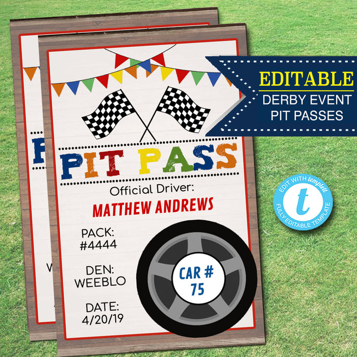 Derby Pit Passes INSTANT +  Boy Scout Printable, Cub Scouts, Pack Meeting Activity, Den Meeting, Cub Scouts Pinewood Derby