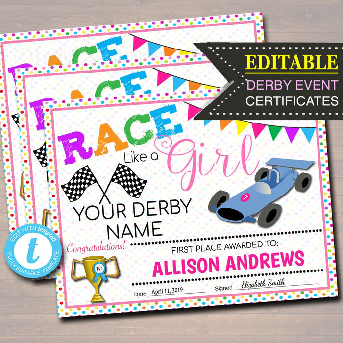 Derby Award Certificates  Troop Activity, Printable School Activity, Girl Power Race Like a Girl, Powder Puff Derby