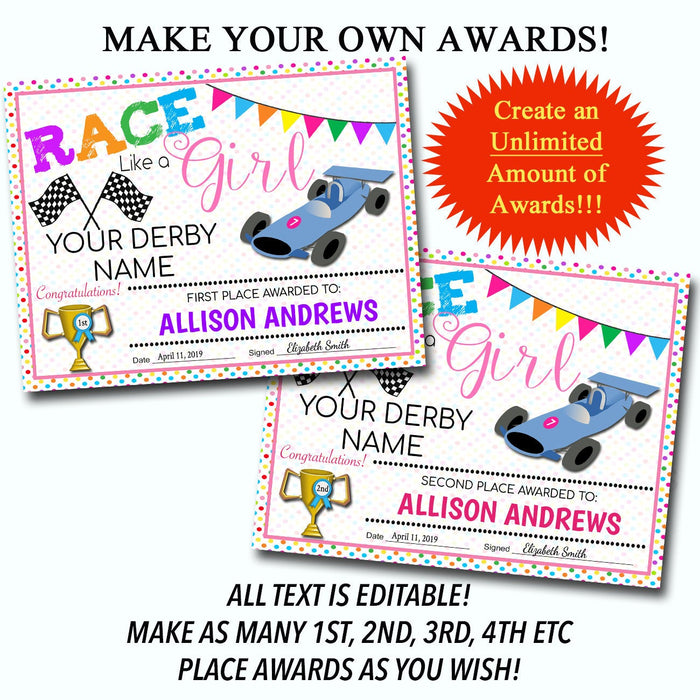 Derby Award Certificates  Troop Activity, Printable School Activity, Girl Power Race Like a Girl, Powder Puff Derby
