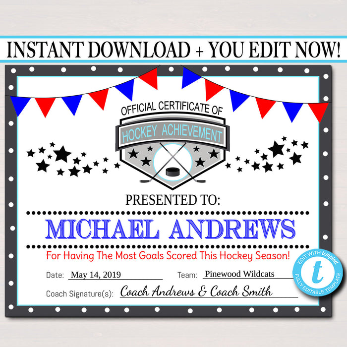 EDITABLE Hockey Award Certificates, INSTANT DOWNLOAD, Team Hockey Awards, Hockey Party Printable, Printable Award Sports Certificates