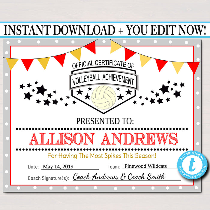 Volleyball Certificates  Volleyball Award, Printable Girls Volleyball Team Participation Awards, Sports Acheivement