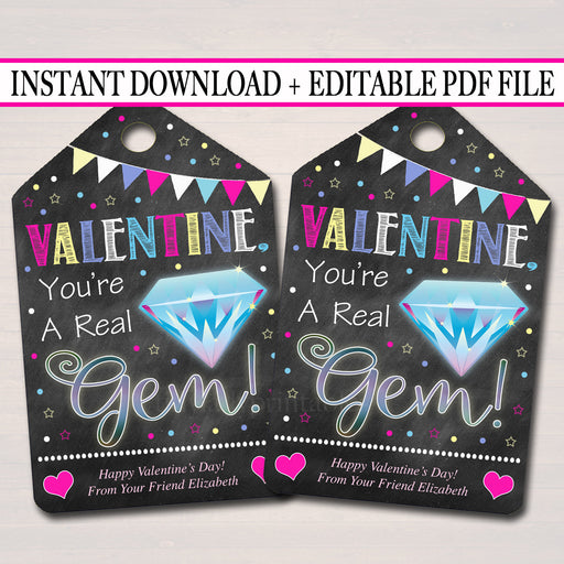 EDITABLE Gem Valentine's Day Gift Tags, Staff Teacher Friend, Classroom Candy Ring Printable, Valentine You're a Real Gem, INSTANT DOWNLOAD