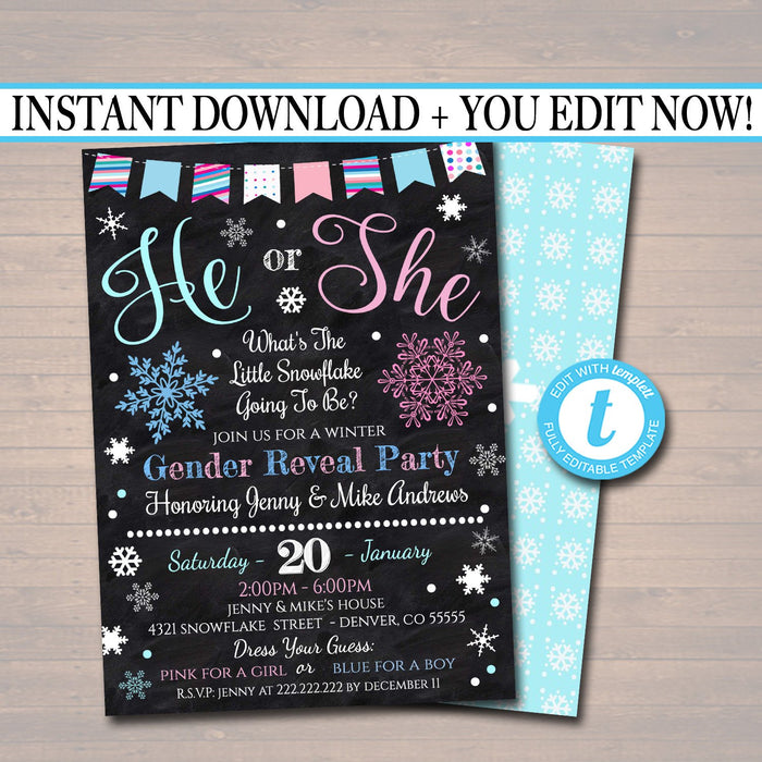 EDITABLE Gender Reveal Party Invitation, Winter Invite, Team Pink or Blue Baby Shower, What Will The Little Snowflake Be? INSTANT DOWNLOAD