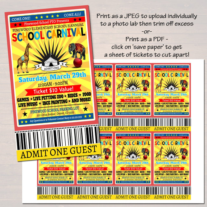 Carnival / Circus Party Flyer and Ticket Set - Editable