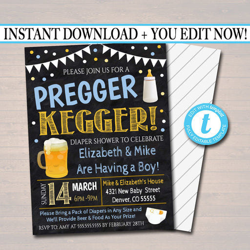 EDITABLE Pregger Kegger Invite, A Diapers and Beer Couples Shower, Baby Keg Party Baby Boy Sprinkle Chalkboard Invitation, INSTANT DOWNLOAD