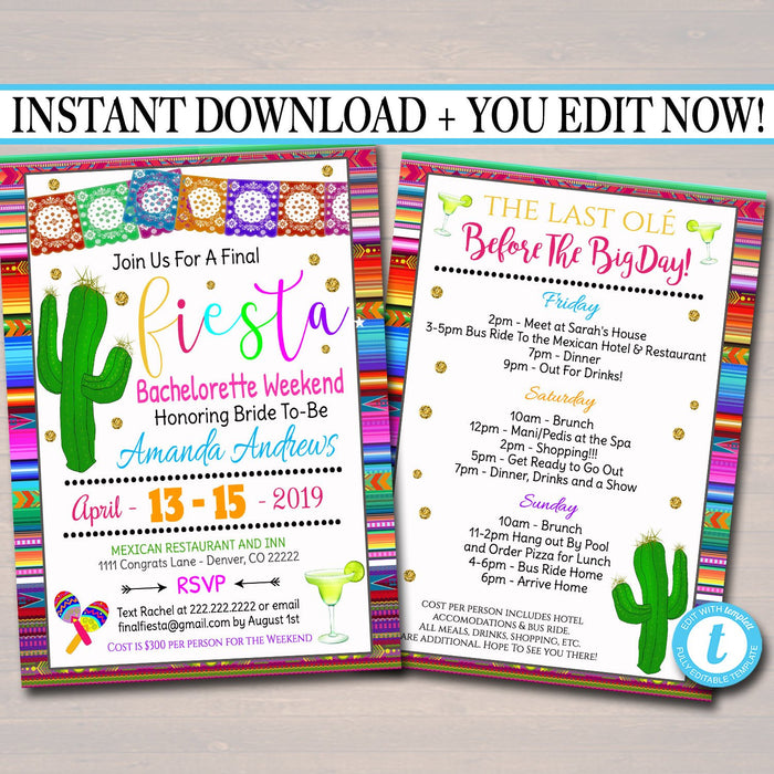 EDITABLE Fiesta Bachelorette Party Invitation Cinco De Mayo, Girls Weekend Party Invite, Desert Cactus Boho Final Fiesta INSTANT DOWNLOAD